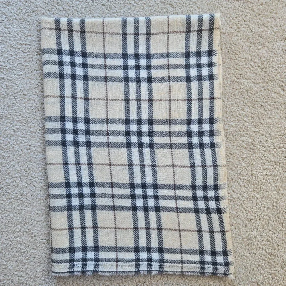 NWOT Cashmere Scarf Tan Plaid Nepal Open Weave Detail at Ends